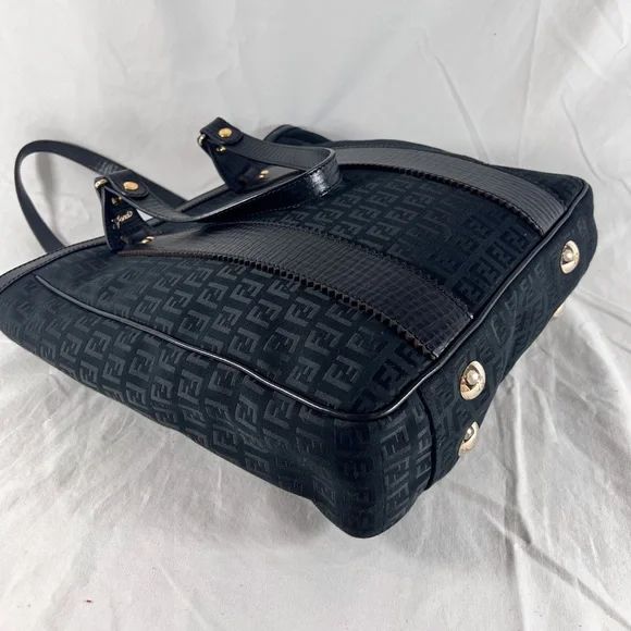 FENDI Zucchino Black Canvas Leather Trim Tote Shoulder Bag Made in Italy